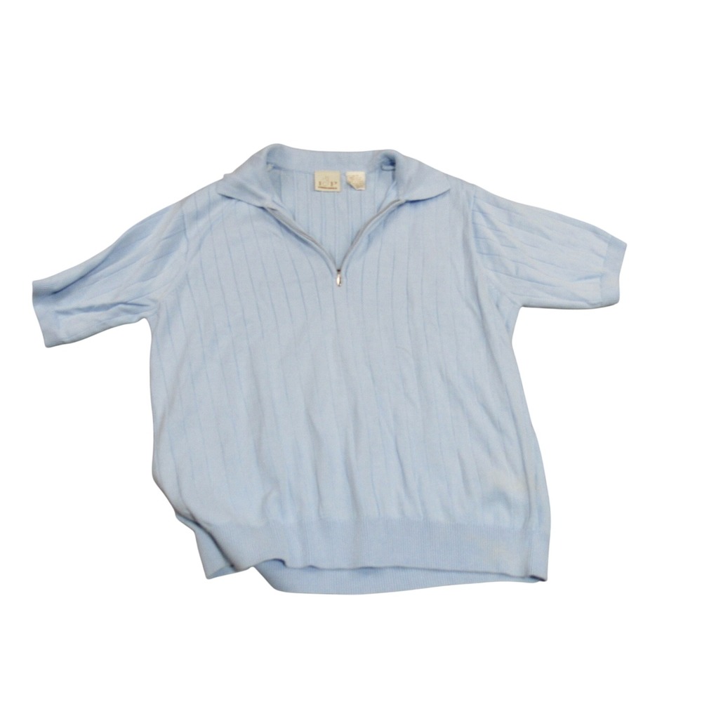 EP Pro Womens Light Blue Ribbed Quarter Zip Short Sleeve Cotton Polo Sweater M